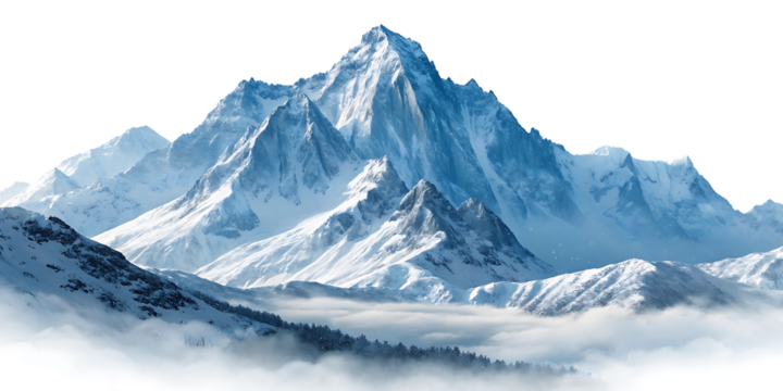 Snow-covered mountain range, majestic with misty valleys and pine trees, cutout, PNG isolated on white or transparent background