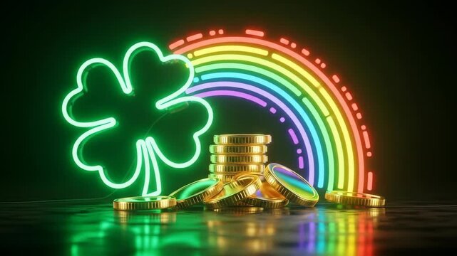 Neon clover and rainbow with gold coin stacks for St. Patrick's Day celebration, good luck concept.