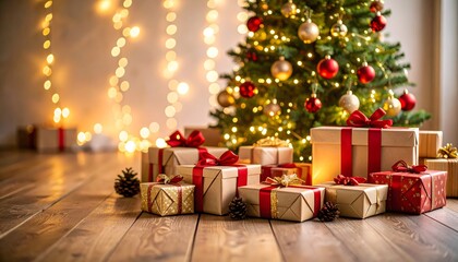 Christmas presents with red and gold ribbons on wooden floor in front of glowing tree, warm fairy lights and bokeh in cozy living room, festive holiday scene with pinecones and ornaments