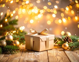 Elegant Christmas gift on rustic wooden table, kraft paper box with satin gold ribbon among evergreen branches, pine cones and golden baubles, warm glowing fairy lights and soft bokeh for festive 