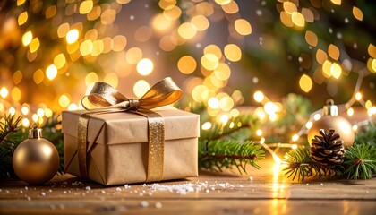 Cozy Christmas gift still life with kraft paper present and gold ribbon on wooden table, evergreen branches, pine cone, and golden baubles, glowing warm bokeh lights creating a festive holiday atmosph