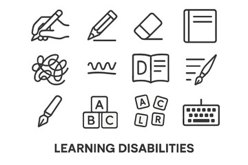 Fototapeta premium Learning Disabilities Icons. Learning disabilities. Line outline icon set of Learning disabilities: writing