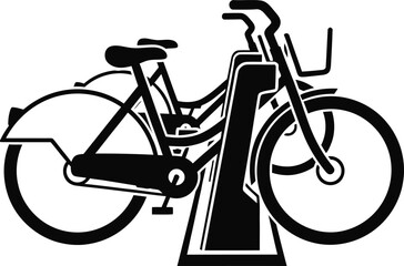 Stylized black silhouette of a bicycle parked in a bike rack on a white background