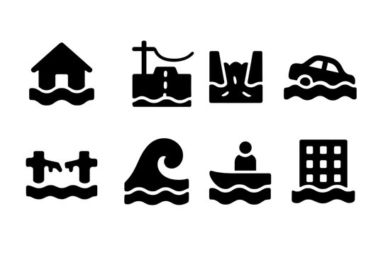 Flood Damage Icons. Flood Damage. Filled icon set of Flood Damage: submerged house, flooded street, broken dam