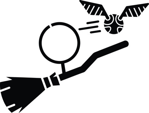 Stylized black silhouette of a broomstick with a hoop and a golden snitch flying