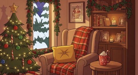 Cozy Christmas Living Room Scene with Decorated Tree and Snowing Window View