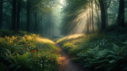 Obraz premium Sunlit Forest Path - A Serene Journey Through Natures Embrace.