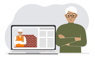A man with a laptop and a construction company website. Concept of online search and finding construction or repair services.