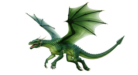 Isolated Green Dragon, Fantasy Creature, Wings Extended, Scaly Body, Mythical Serpent, Fairy Tale