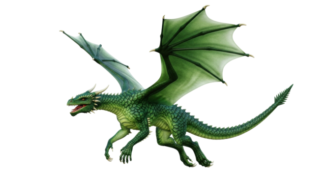 Isolated Green Dragon, Fantasy Creature, Wings Extended, Scaly Body, Mythical Serpent, Fairy Tale