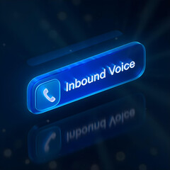 A futuristic 3D glowing blue UI button, high quality, soft neon lighting, smooth plastic texture, glowing edges, on a dark space background. The button is rectangular with rounded corners
