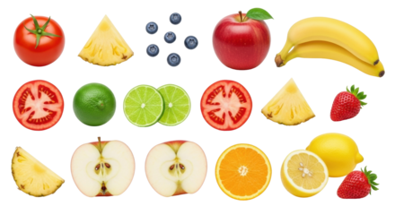 Isolated variety of whole and halved fruit slices, a healthy and colorful arrangement
