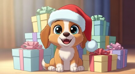 Adorable Puppy Wearing a Santa Hat Surrounded by Festive Holiday Gift Boxes Celebrating the Joyful Christmas Season