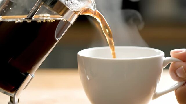 Person holding an empty white coffee cup next to a french press with freshly brewed coffee. Morning ritual and relaxation footage.
