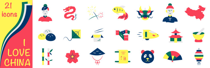Flat icon set I Love China. Icons symbolizing Chinese culture.