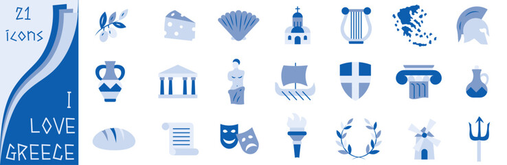 I Love Greece icon set.  Symbols  of Greece.