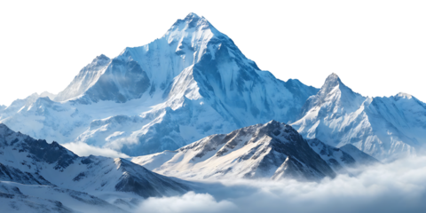 Snow-capped mountain range, majestic with soft clouds below, cutout, PNG isolated on white or transparent background