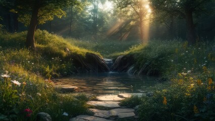Sunlit Stream Through a Lush Forest Landscape.