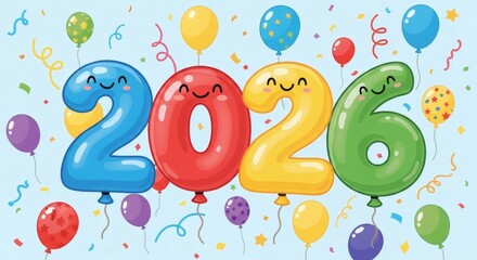Happy New Year 2026 Colorful Balloons and Confetti Celebration Greeting Card