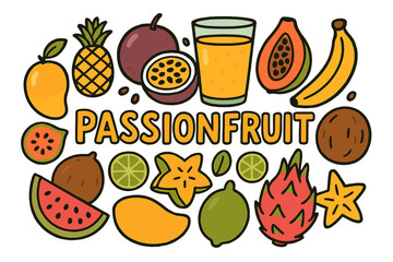 Tropical Fruit Medley. Passionfruit. Hand-drawn doodle illustration of Passionfruit. whole passionfruit, cut