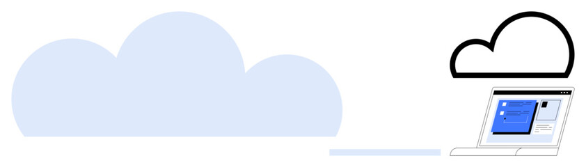Cloud symbol connected to a laptop with a user interface illustrating remote data access. Ideal for cloud computing, data storage, networking, technology, online security, innovation, simple flat