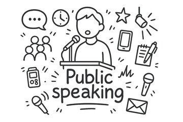 Naklejka premium Public Speaking Doodle. Public speaking. Hand-drawn doodle illustration of Public speaking. In the middle, one