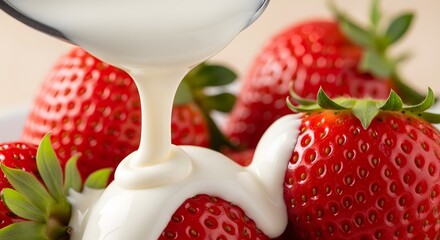 Indulgent dessert concept showing a macro detail of velvety cream slowly dripping onto fresh, juicy strawberries