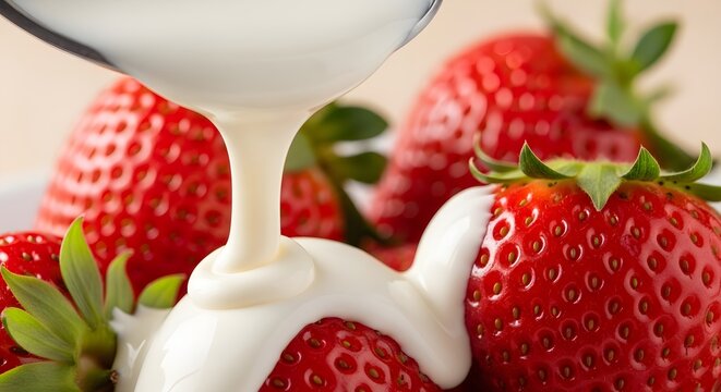 Indulgent dessert concept showing a macro detail of velvety cream slowly dripping onto fresh, juicy strawberries