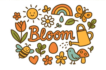 Fototapeta premium Bloom Doodle Illustration. Bloom. Hand-drawn doodle illustration of Bloom. tulip, daisy, butterfly, bee,