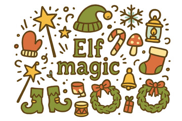 Fototapeta premium Elf Magic Doodle. Elf magic. Hand-drawn doodle illustration of Elf magic. wand, star, hat, boots, lantern,