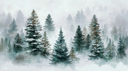 Snowy winter forest painted in watercolor style. Landscape background with tall pines. Peaceful forest with sparkling snowflakes, creating a holiday atmosphere. Warm bokeh lights. Generative AI