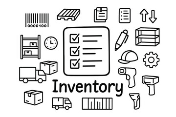 Doodle Inventory Illustration. Inventory. Hand-drawn doodle illustration of Inventory. In the middle, one
