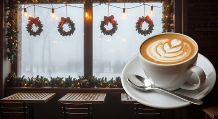 Cozy Winter Cafe Ambiance with Festive Decorations and a Warm Beverage Outside Snow Falls Gently
