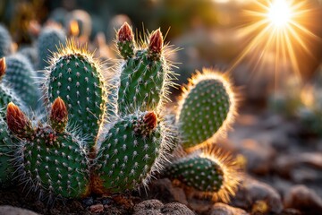Fototapeta premium Prickly Pear Cactus at Sunset with Starburst