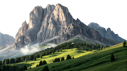 Mountain range, majestic with green rolling hills and pine forest, cutout, PNG isolated on white or transparent background