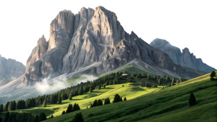 Mountain range, majestic with green rolling hills and pine forest, cutout, PNG isolated on white or transparent background