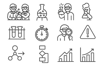 School Lab Research Icons. Students conducting research in school labs. Line outline icon set of Students
