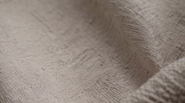 Close-up video shot of textured beige fabric, showcasing intricate weave patterns. Captured from a low angle, highlighting the fabric's tactile details.