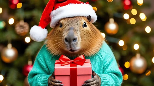 A capybara wearing a Santa hat and a green sweater holds a red gift box. Christmas tree with ornaments is in the background.	
