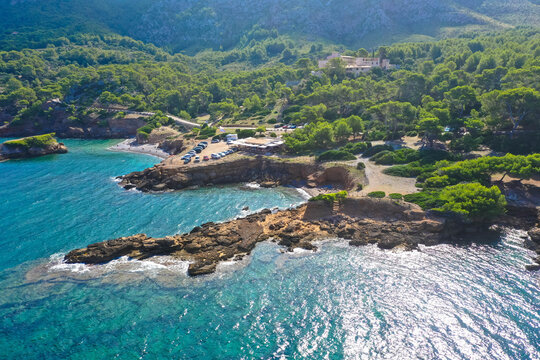 Panoramic aerial view. Cala Morlanda, S'Illot, Manacor coast. Near Alc&uacute;dia. Mediterranean Sea, Mallorca, Balearic Islands, Spain, Europe