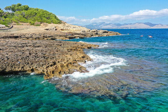 Panoramic aerial view. Cala Morlanda, S'Illot, Manacor coast. Near Alc&uacute;dia. Mediterranean Sea, Mallorca, Balearic Islands, Spain, Europe