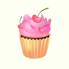 Cupcake with cream frosting, cherries, and sprinkles. Sweet dessert vector illustration perfect for bakery design, cafe menu, or food packaging.