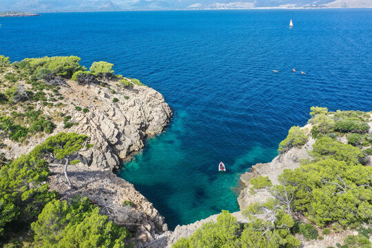 Panoramic aerial view. Cala Morlanda, S'Illot, Manacor coast. Near Alc&uacute;dia. Mediterranean Sea, Mallorca, Balearic Islands, Spain, Europe