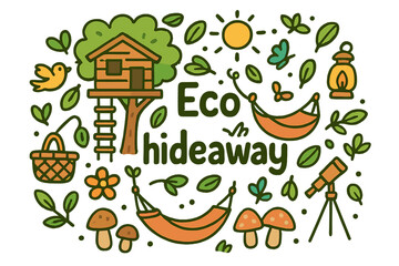 Eco Hideaway Illustration. Eco hideaway. Hand-drawn doodle illustration of Eco hideaway. treehouse, rope