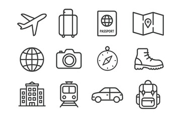 Travel Adventure Icons. Traveling and exploring new destinations. Line outline icon set of Traveling and