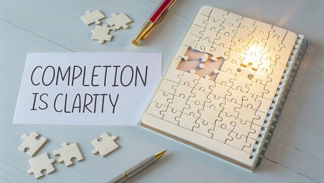 Inspirational Completion Clarity Quote with Puzzle and Notebook Elements