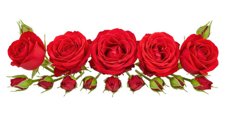 Isolated row of red roses with rosebuds, romantic gift for Valentine's Day or special occasion