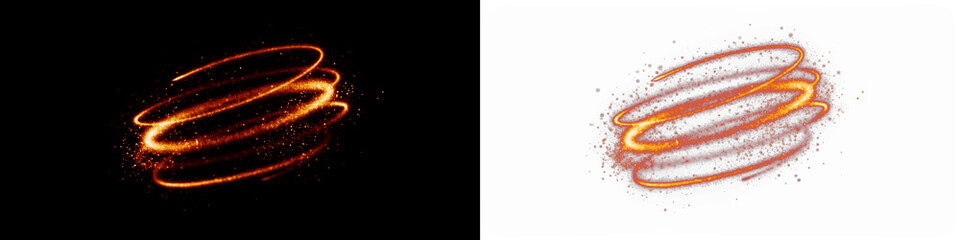 Abstract orange light swirl overlay on black and white backgrounds, creating dynamic visual effects for creative projects and design applications with copy space