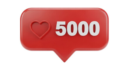 Isolated social media red like button, love icon 5000 followers, modern communication concept