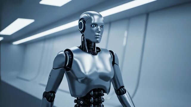 Silver humanoid artificial intelligence robot woman walking in a futuristic facility. Concept of advanced technology. AI development footage.